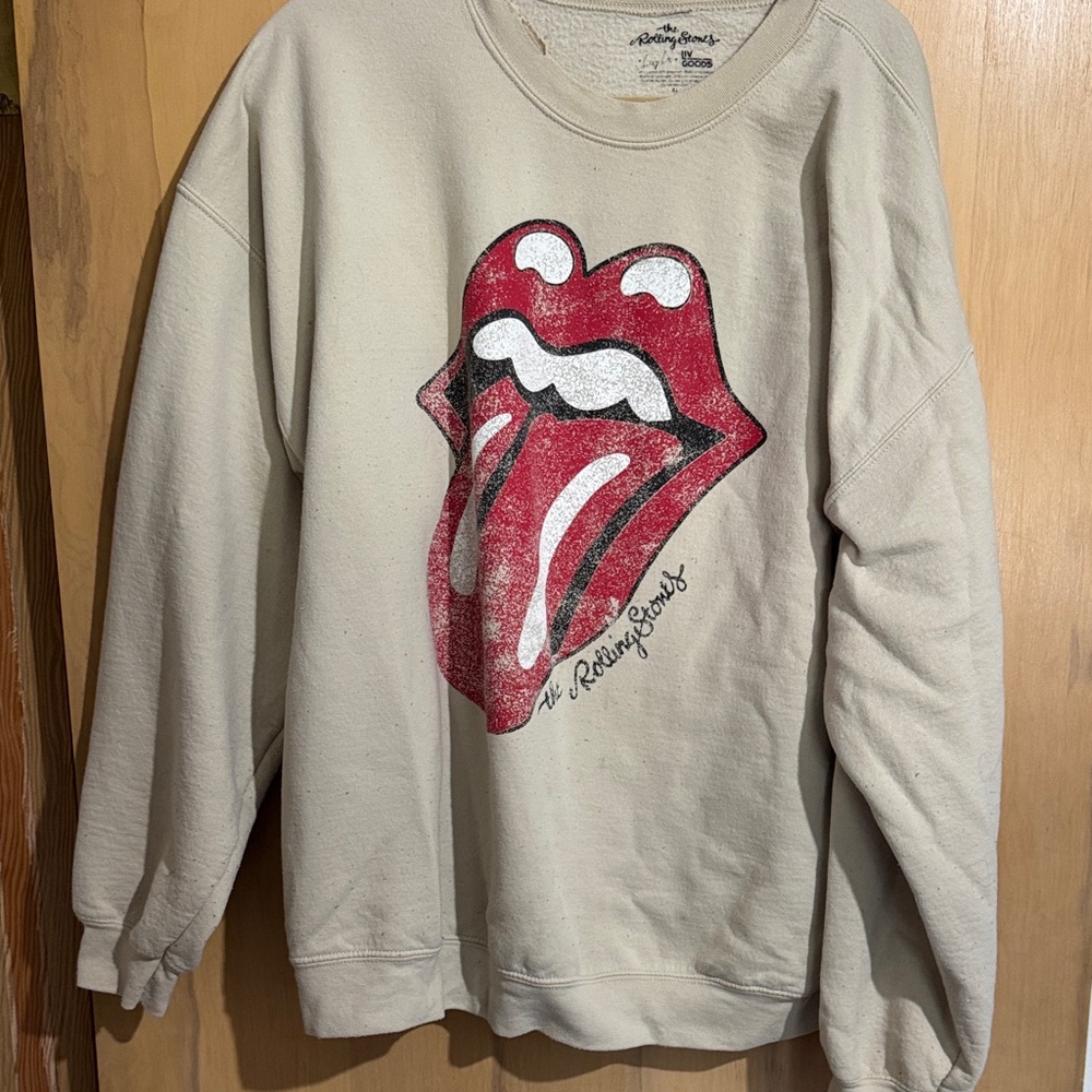 The Rolling Stones Cream Sweater with Red Tongue Graphic
